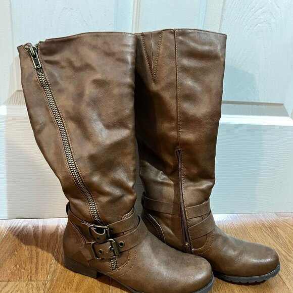 Brown Leather Mid-Calf, Half-zip Boot with Buckle - Picture 1 of 4